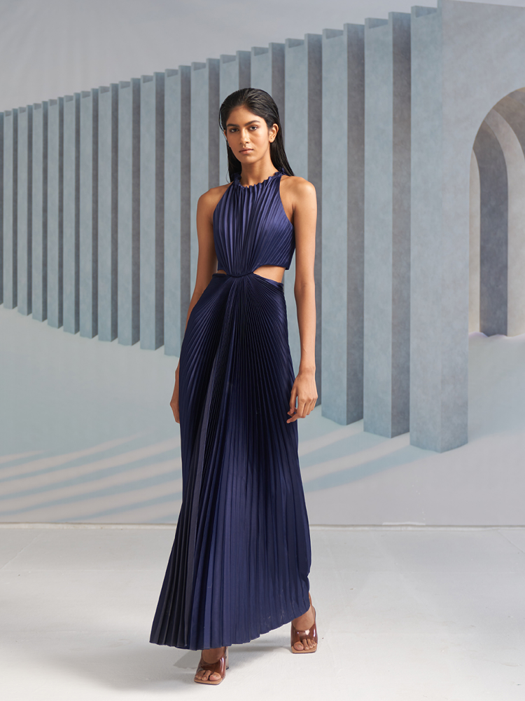 BLUE PLEATED HALTER GOWN