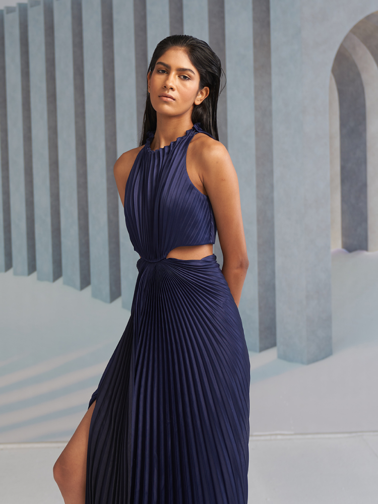 strapless open back dress BLUE PLEATED HALTER GOWN