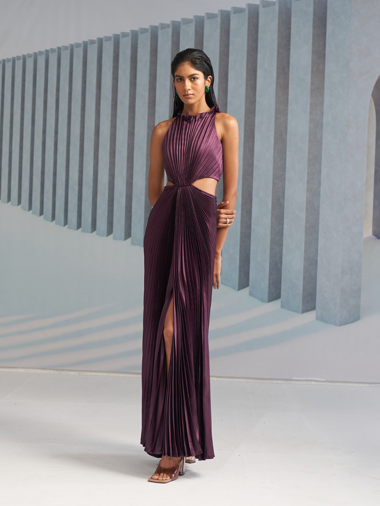 PURPLE PLEATED HALTER GOWN