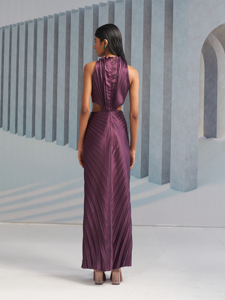 PURPLE PLEATED HALTER GOWN