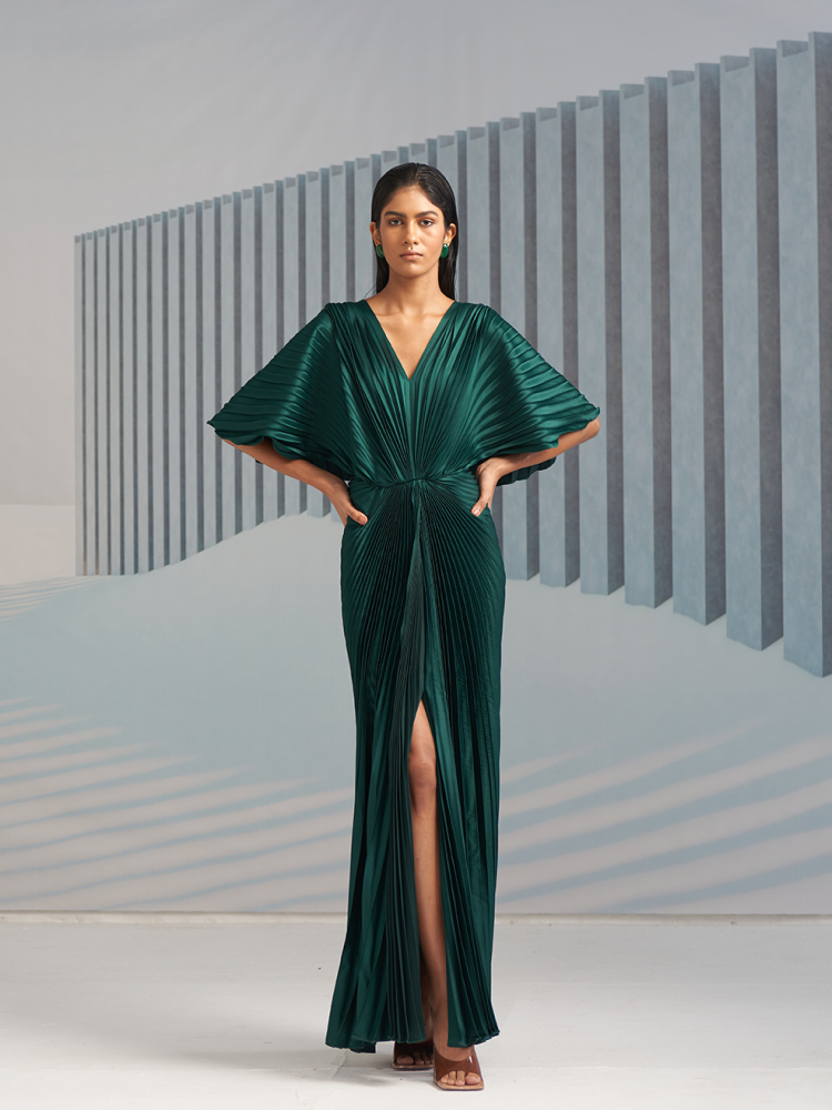 GREEN PLEATED WINGED GOWN
