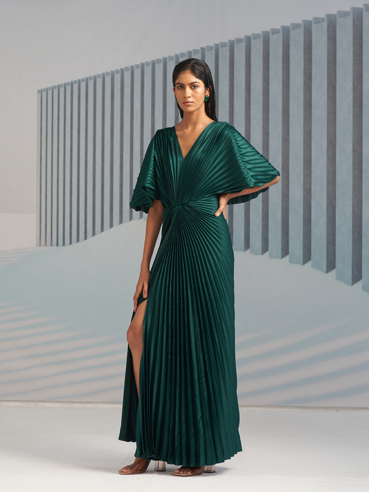 GREEN PLEATED WINGED GOWN