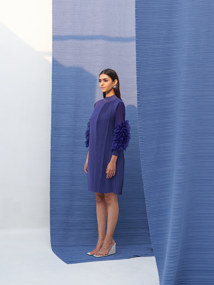 FLOWER SLEEVES PLEATED DRESS