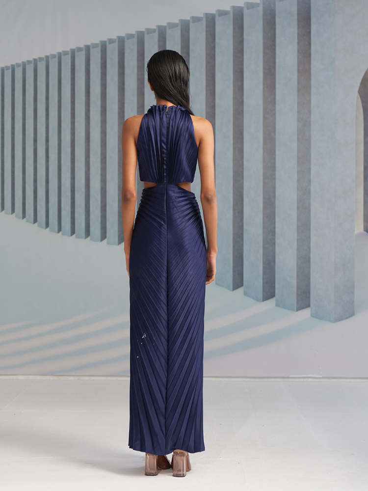 BLUE PLEATED HALTER GOWN