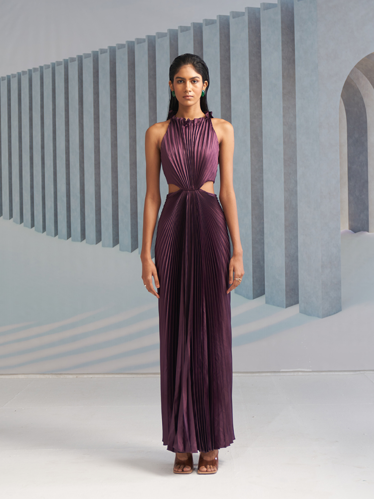 PURPLE PLEATED HALTER GOWN