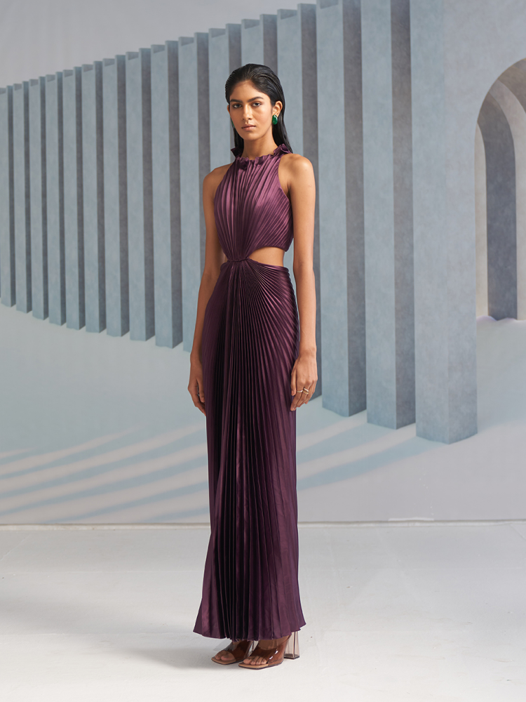PURPLE PLEATED HALTER GOWN