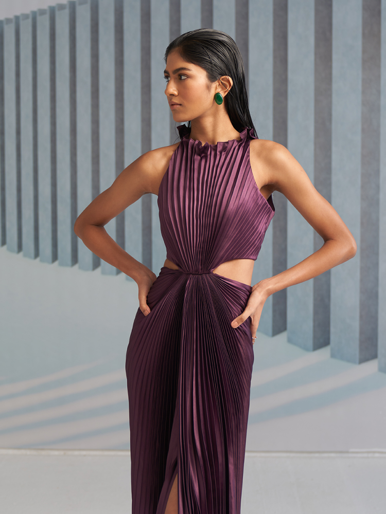 PURPLE PLEATED HALTER GOWN