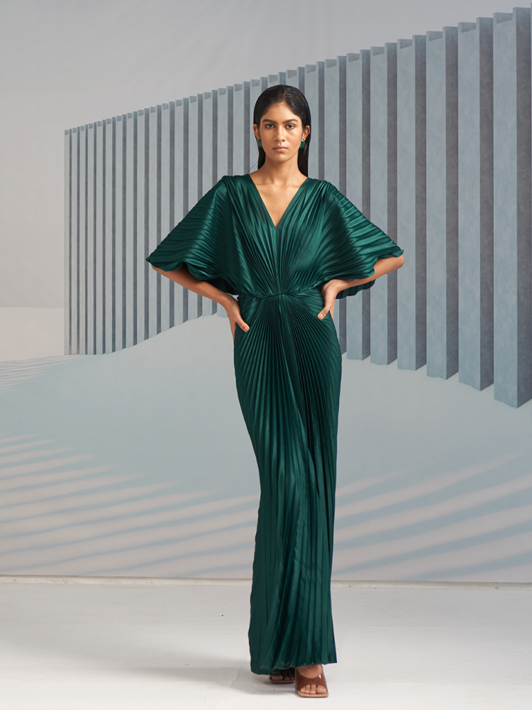 GREEN PLEATED WINGED GOWN