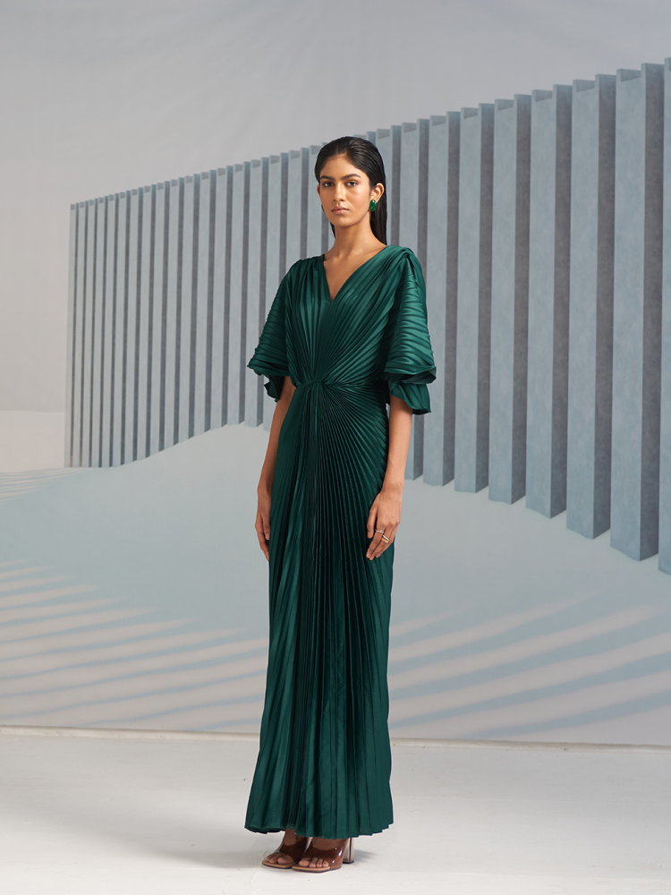 GREEN PLEATED WINGED GOWN