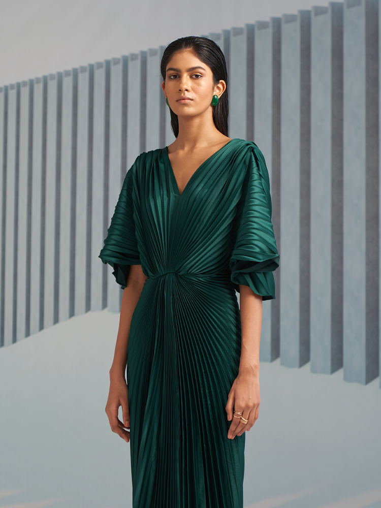 GREEN PLEATED WINGED GOWN