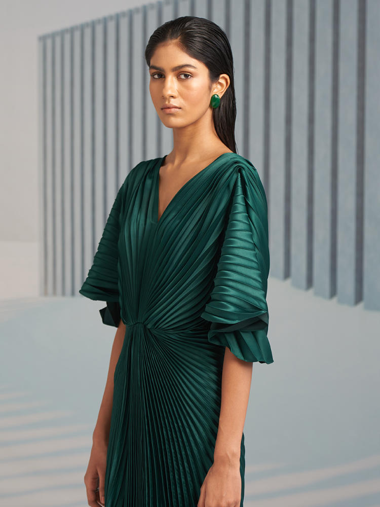 GREEN PLEATED WINGED GOWN