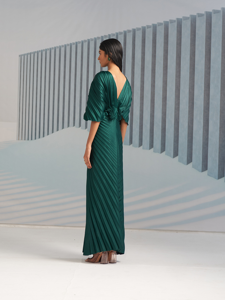 GREEN PLEATED WINGED GOWN