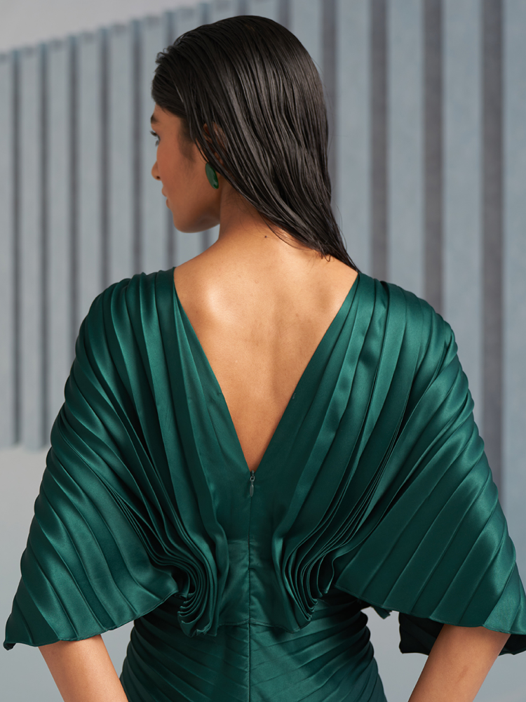 GREEN PLEATED WINGED GOWN