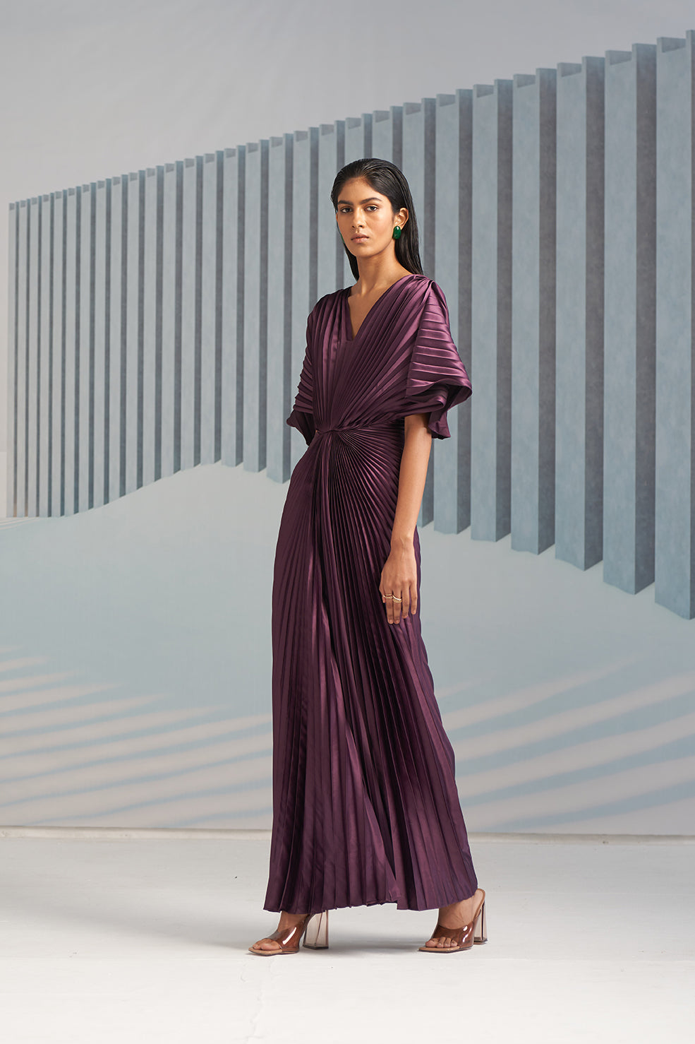 PURPLE PLEATED WINGED GOWN